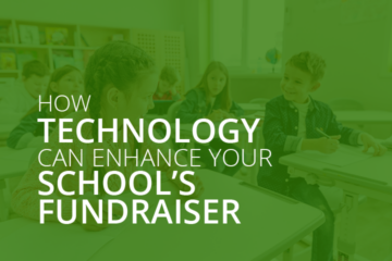 The article’s title, “How Technology Can Enhance Your School’s Fundraiser,” overlaid atop students sitting in a classroom.
